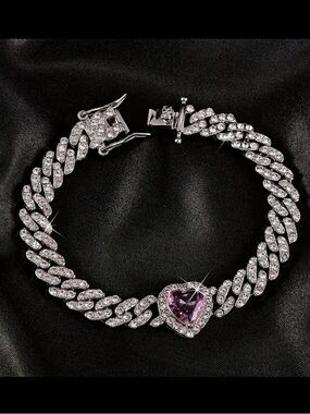 Silver Cubic Zirconia Cuban Link Bracelet with Pink Heart Charm
